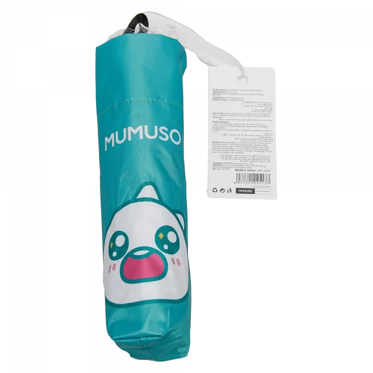 MUMUSO Regenschirm faltbar aus Polyester, türkis mit Cartoon-Print – leichter Taschenschirm für unterwegs mit Eisenrahmen.