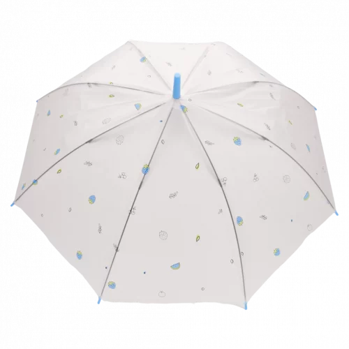MUMUSO transparenter Regenschirm mit Frucht-Print und J-Griff, Polyethylen, Kinderschirm, blaue Details, robust und farbenfroh.