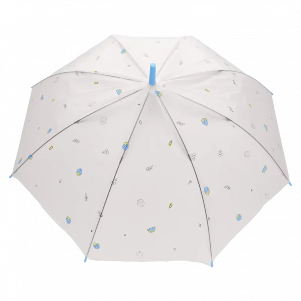 MUMUSO transparenter Regenschirm mit Frucht-Print und J-Griff, Polyethylen, Kinderschirm, blaue Details, robust und farbenfroh.