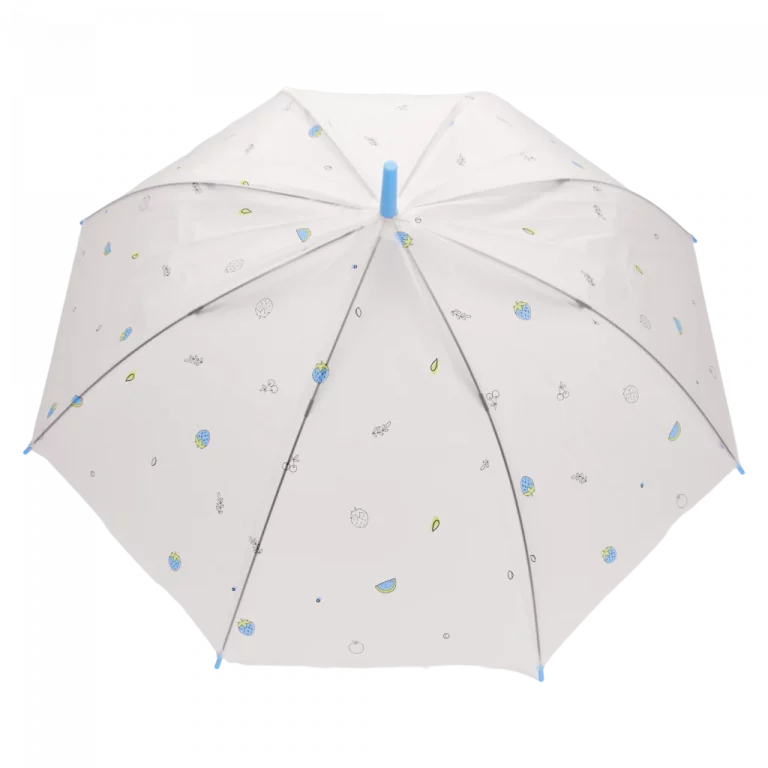 MUMUSO transparenter Regenschirm mit Frucht-Print und J-Griff, Polyethylen, Kinderschirm, blaue Details, robust und farbenfroh.