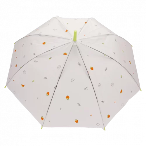 MUMUSO transparenter Regenschirm mit Frucht-Print und J-Griff, Polyethylen, Kinderschirm, blaue Details, robust und farbenfroh.