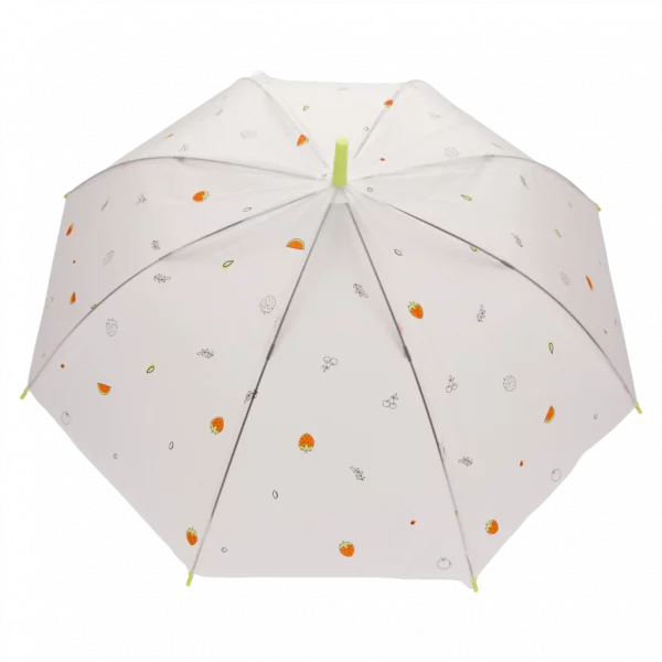 MUMUSO transparenter Regenschirm mit Frucht-Print und J-Griff, Polyethylen, Kinderschirm, blaue Details, robust und farbenfroh.
