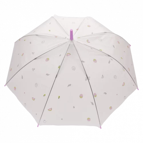 MUMUSO transparenter Regenschirm mit Frucht-Print und J-Griff, Polyethylen, Kinderschirm, blaue Details, robust und farbenfroh.