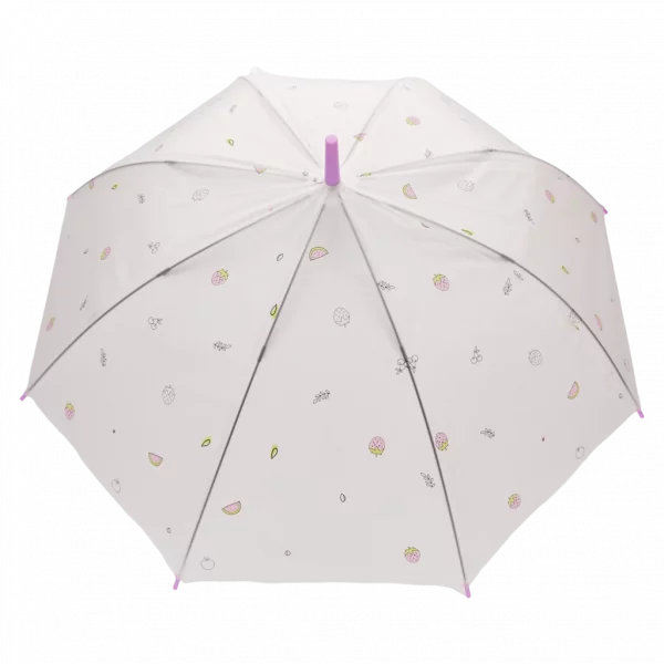 MUMUSO transparenter Regenschirm mit Frucht-Print und J-Griff, Polyethylen, Kinderschirm, blaue Details, robust und farbenfroh.