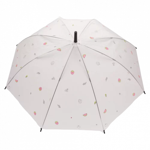 MUMUSO transparenter Regenschirm mit Frucht-Print und J-Griff, Polyethylen, Kinderschirm, blaue Details, robust und farbenfroh.