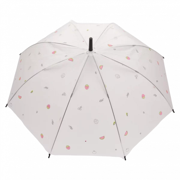 MUMUSO transparenter Regenschirm mit Frucht-Print und J-Griff, Polyethylen, Kinderschirm, blaue Details, robust und farbenfroh.
