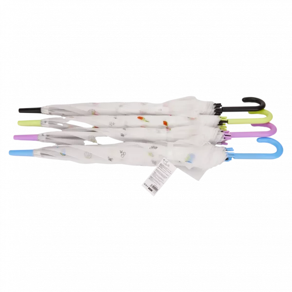 MUMUSO transparenter Regenschirm mit Frucht-Print und J-Griff, Polyethylen, Kinderschirm, blaue Details, robust und farbenfroh.
