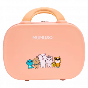 MUMUSO Reisetrolley für Kosmetik, 14 Zoll (Rosa) mit Family-Print – kompakter Koffer für Accessoires auf Reisen.