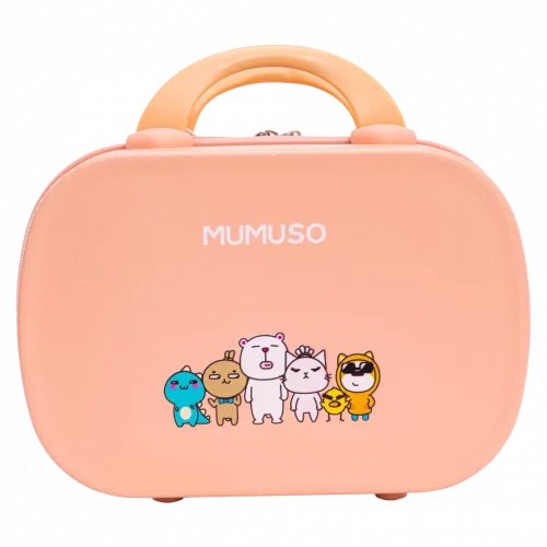 MUMUSO Reisetrolley für Kosmetik, 14 Zoll (Rosa) mit Family-Print – kompakter Koffer für Accessoires auf Reisen.