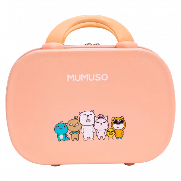 MUMUSO Reisetrolley für Kosmetik, 14 Zoll (Rosa) mit Family-Print – kompakter Koffer für Accessoires auf Reisen.