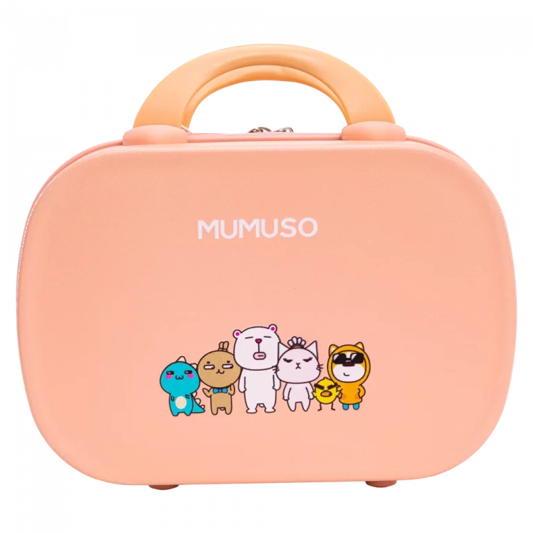 MUMUSO Reisetrolley für Kosmetik, 14 Zoll (Rosa) mit Family-Print – kompakter Koffer für Accessoires auf Reisen.