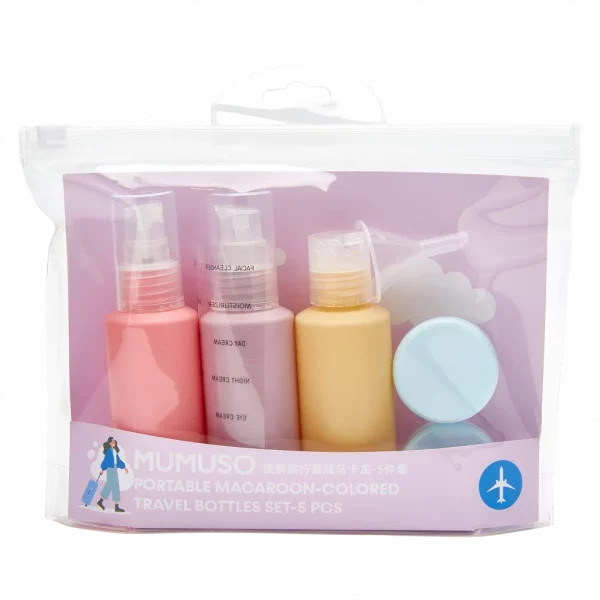 MUMUSO 5-teiliges Reiseflaschen-Set im Reißverschlussetui, nachfüllbar, ideal für Kosmetik auf Reisen in Rosa.