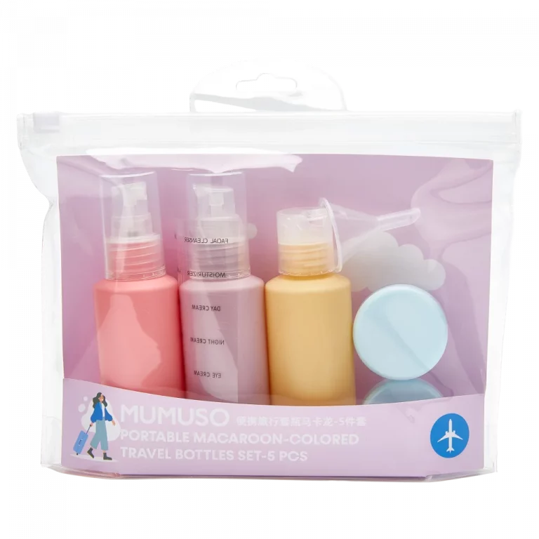 MUMUSO 5-teiliges Reiseflaschen-Set im Reißverschlussetui, nachfüllbar, ideal für Kosmetik auf Reisen in Rosa.