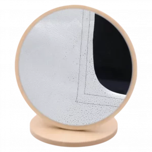 MUMUSO Standspiegel aus Holzfaserplatte, rund und naturfarben – dekorativer Spiegel für Badezimmer oder Schlafzimmer.