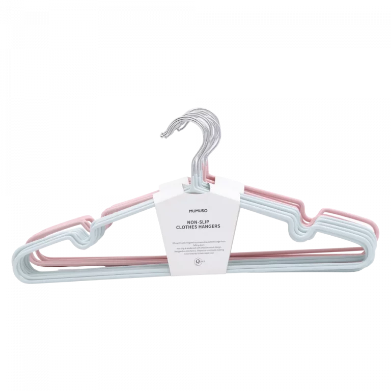 MUMUSO rutschfeste Kleiderbügel aus Stahl und PVC im 9er-Pack, rosa – perfektes Zubehör für ordentliche Kleideraufbewahrung.