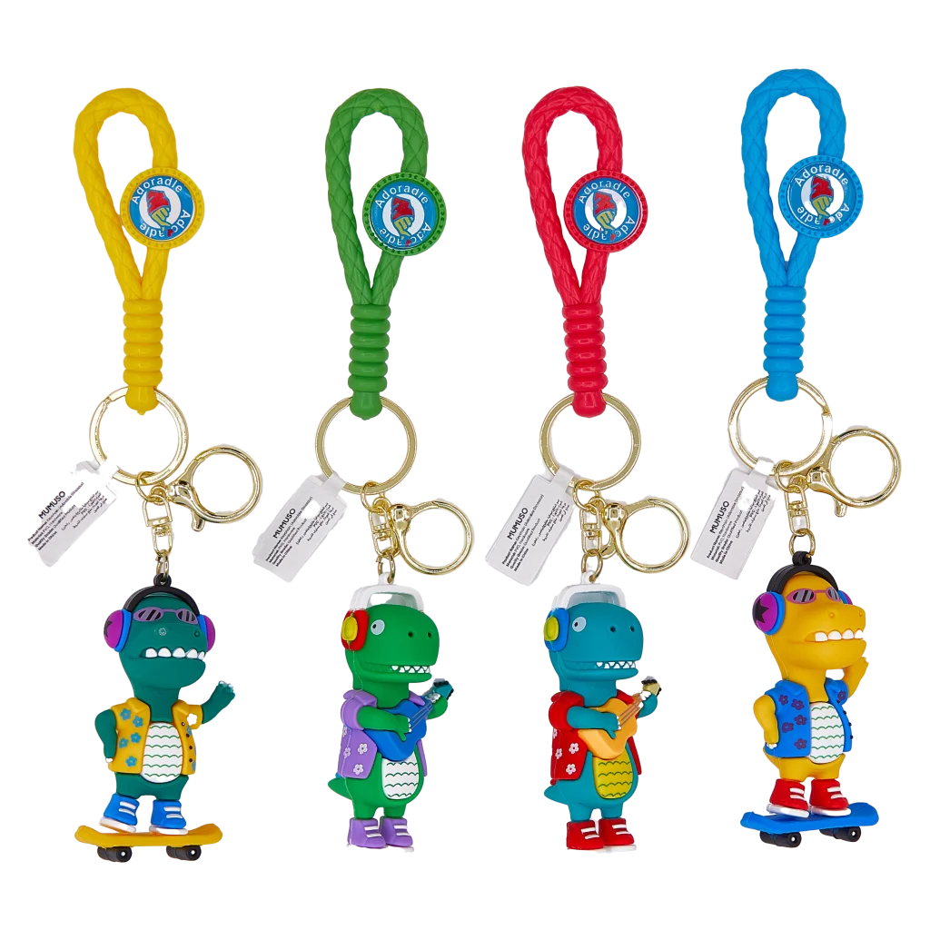 MUMUSO Schlüsselanhänger für Kinder aus robustem PVC, gelb, mit Dinosaurier – bunter Anhänger für den Rucksack.