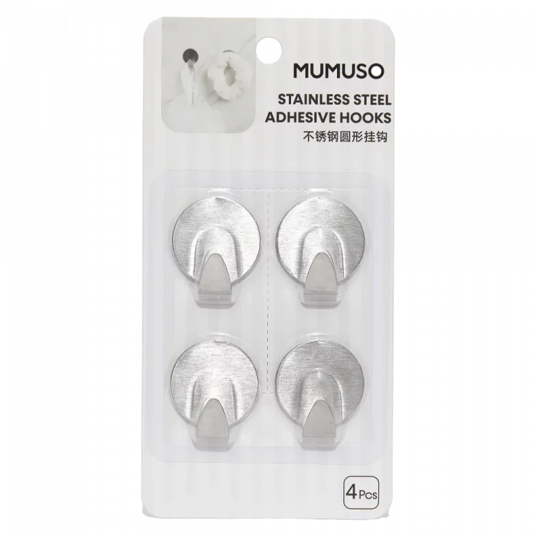 MUMUSO 4er-Pack selbstklebende Edelstahl-Klebehaken rund in Silber – vielseitige Klebehaken für glatte Oberflächen.