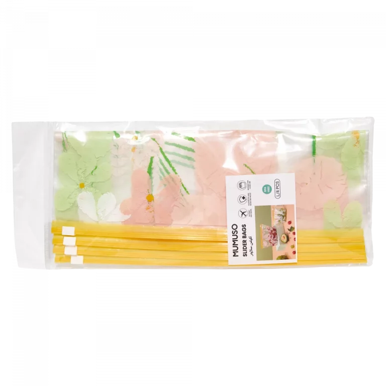 MUMUSO Slider-Beutel 4-teilig aus PE mit Blumen, gelb und grün, wiederverwendbar für die sichere Aufbewahrung in der Küche.