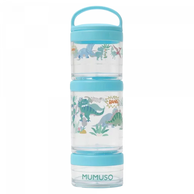 MUMUSO Snackbox aus Kunststoff mit drei Etagen, blau, mit Dinosaurier, BPA-frei – praktische Aufbewahrung für Kinder.