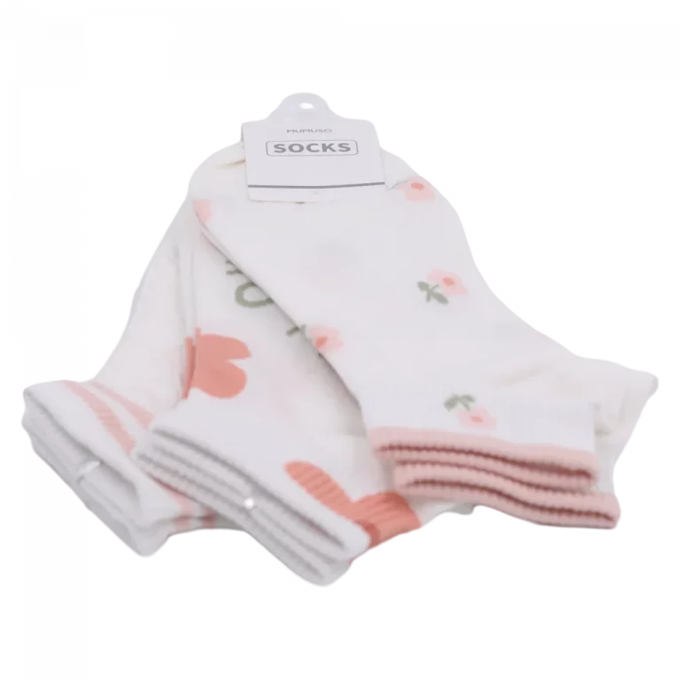 MUMUSO Sneakersocken Damen aus Baumwollmischung im 3er-Pack mit Blumen, weiß/rosa, bequem für Alltag und Freizeit.