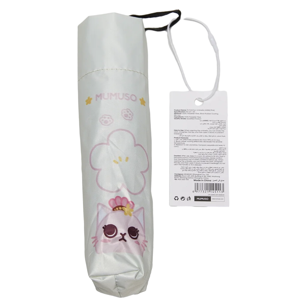 mumuso_sonnenschirm_kinder_katze_rosa_weiss.webp MUMUSO Sonnenschirm für Kinder, faltbar, aus Polyester, rosa weiß, mit Katze – leichter Kinderschirm für Sonnenschutz.