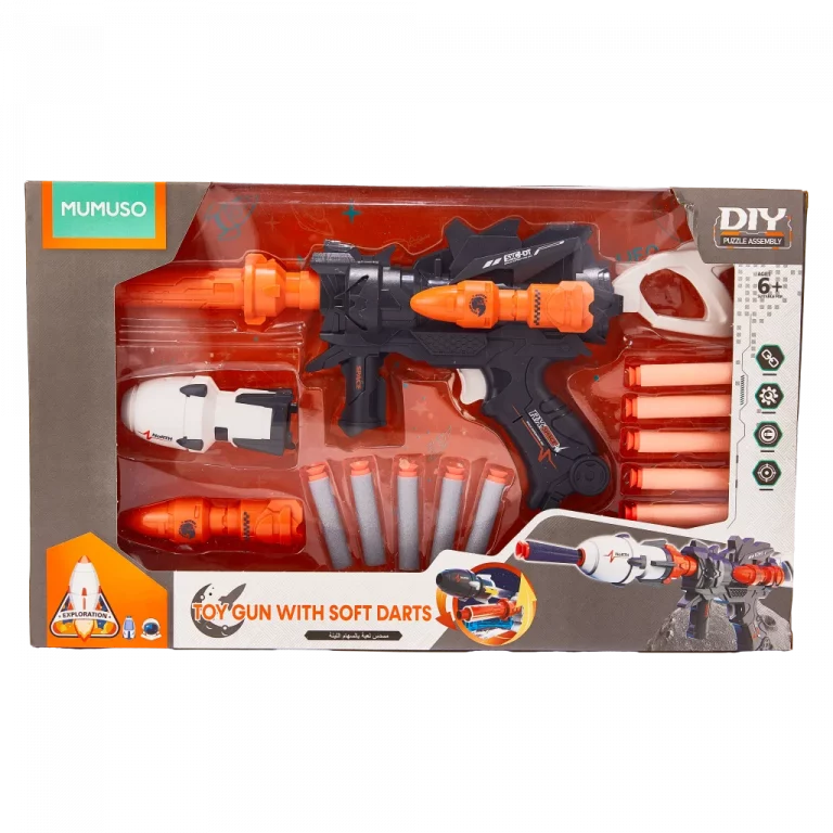 MUMUSO Spielzeugpistole mit Soft-Darts, Raumfahrzeug-Optik (ABS, Schwarz/Weiß/Orange) – sicheres Kinderspielzeug Pistole.