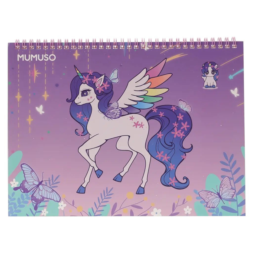 mumuso_spiral-zeichenbuch_a4_einhorn_violett.webp MUMUSO Spiral-Zeichenbuch A4 mit Einhorn, violett – Zeichenbuch für Kinder mit Einhorn auf Spiralbindung.