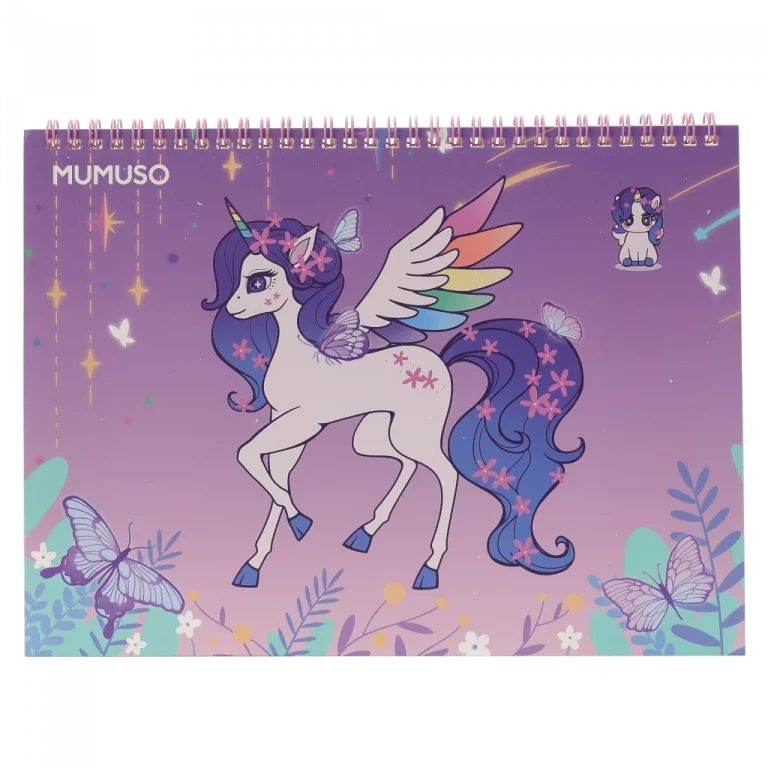 MUMUSO Spiral-Zeichenbuch A4 mit Einhorn, violett – Zeichenbuch für Kinder mit Einhorn auf Spiralbindung.