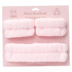 MUMUSO Stirnband und Armbänder Set für Gesichtspflege aus Polyester, rosa – sanftes Kosmetik Zubehör für zuhause.