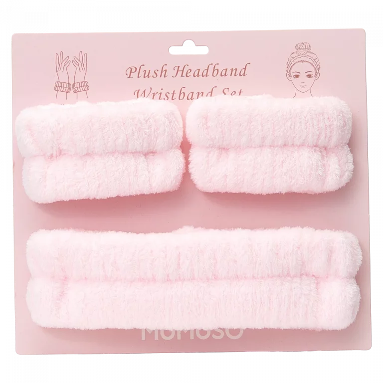 MUMUSO Stirnband und Armbänder Set für Gesichtspflege aus Polyester, rosa – sanftes Kosmetik Zubehör für zuhause.