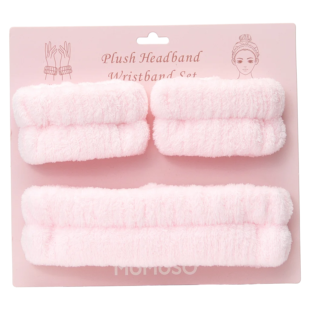MUMUSO Stirnband und Armbänder Set für Gesichtspflege aus Polyester, rosa – sanftes Kosmetik Zubehör für zuhause.