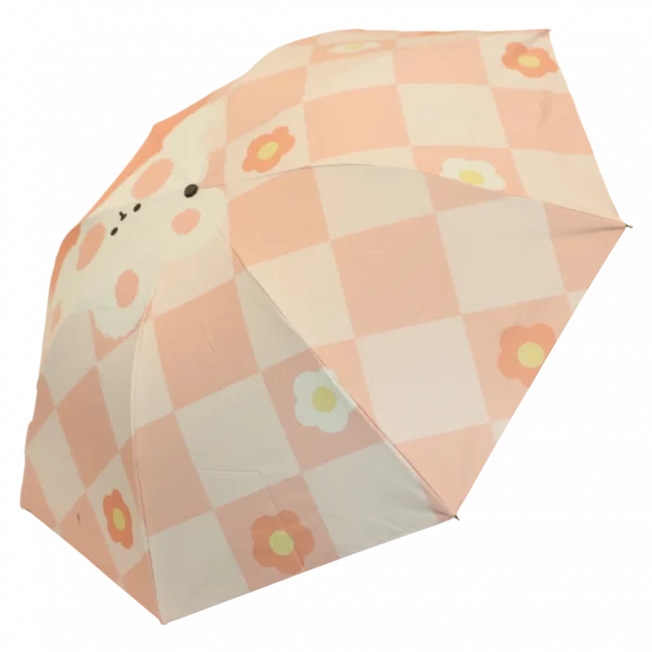 MUMUSO Taschenschirm mit Hase und Blumen, kompakt, Glasfaserrahmen, pink – praktischer Regenschirm für unterwegs.