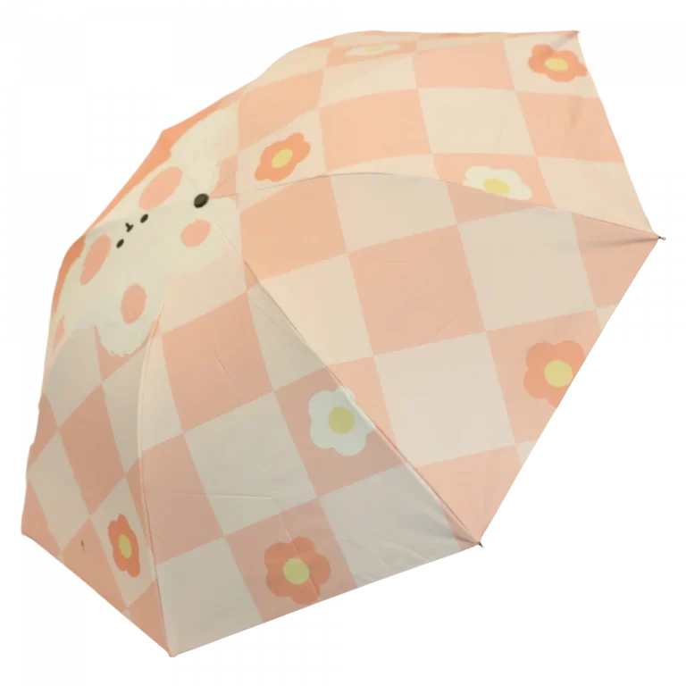MUMUSO Taschenschirm mit Hase und Blumen, kompakt, Glasfaserrahmen, pink – praktischer Regenschirm für unterwegs.