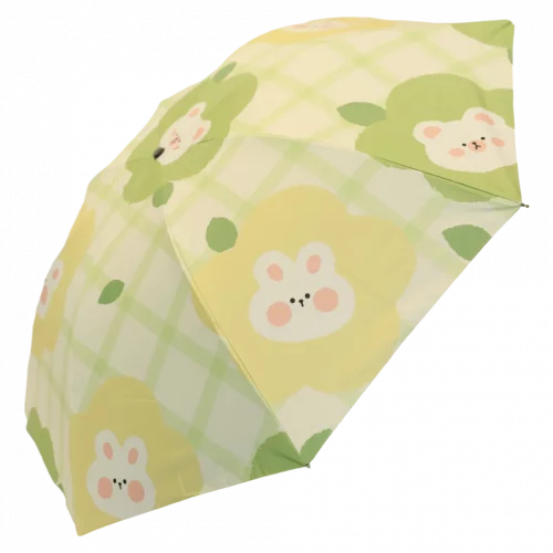 MUMUSO Taschenschirm mit Hase und Blumen, kompakt, Glasfaserrahmen, pink – praktischer Regenschirm für unterwegs.