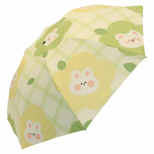 MUMUSO Taschenschirm mit Hase und Blumen, kompakt, Glasfaserrahmen, pink – praktischer Regenschirm für unterwegs.