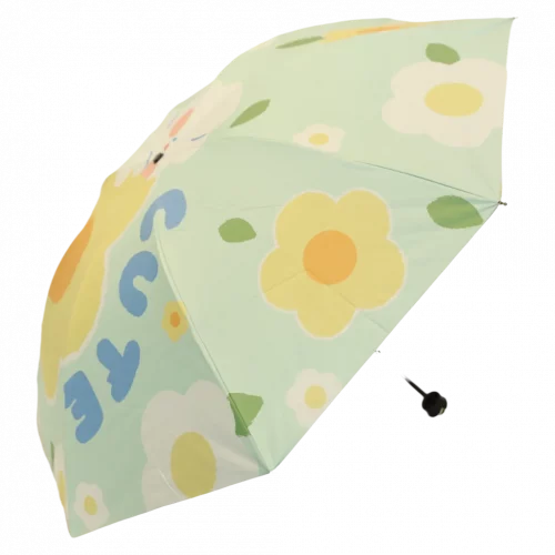 MUMUSO Taschenschirm mit Hase und Blumen, kompakt, Glasfaserrahmen, pink – praktischer Regenschirm für unterwegs.