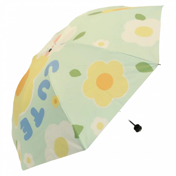 MUMUSO Taschenschirm mit Hase und Blumen, kompakt, Glasfaserrahmen, pink – praktischer Regenschirm für unterwegs.