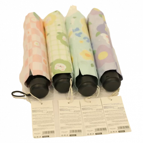 MUMUSO Taschenschirm mit Hase und Blumen, kompakt, Glasfaserrahmen, pink – praktischer Regenschirm für unterwegs.