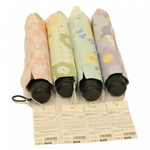 MUMUSO Taschenschirm mit Hase und Blumen, kompakt, Glasfaserrahmen, pink – praktischer Regenschirm für unterwegs.