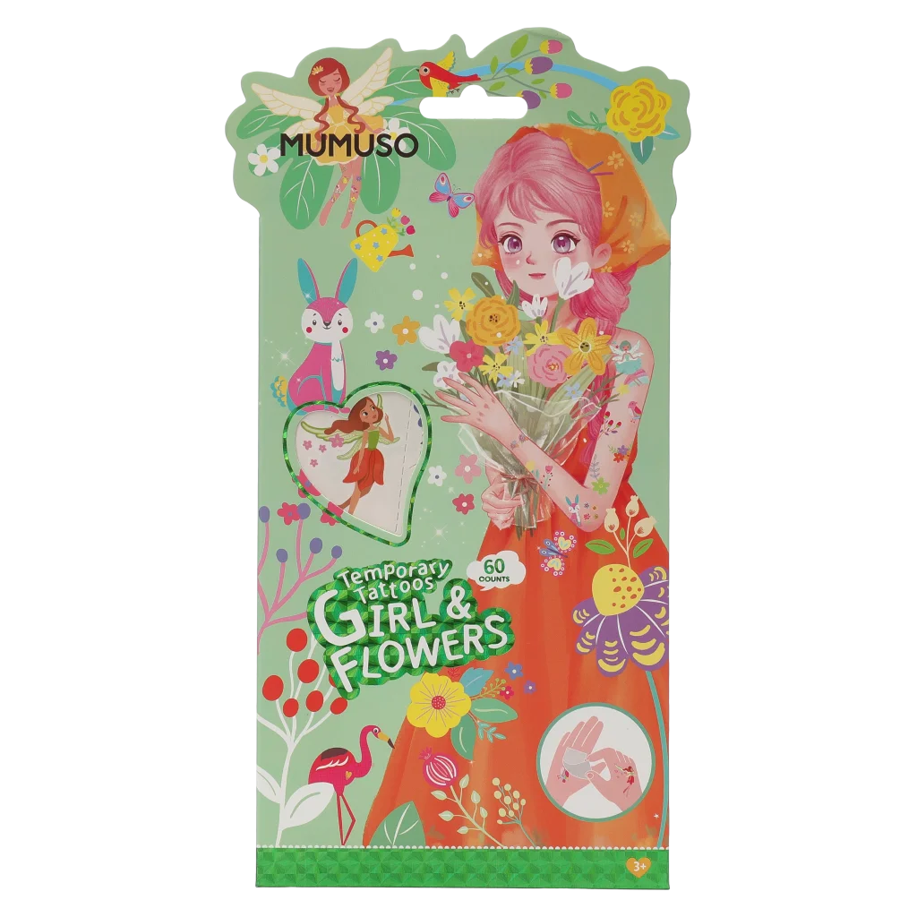 mumuso_tattoo_sticker_set_blumen_maedchen_60st_bunt.webp MUMUSO Tattoo Sticker Set für Kinder, 60 Stück, temporäre Tattoos mit Blumen und Mädchen, bunt für Hauttattoos und Partys.