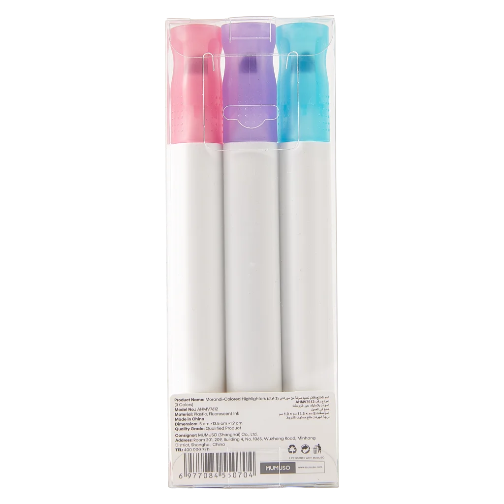 mumuso_textmarker_3er-set_morandi_rosa_lila_blau.webp MUMUSO Textmarker 3er-Set in Morandi-Farben (Rosa, Lila, Blau) für Schule und Büro – Marker Set für farbiges Hervorheben.