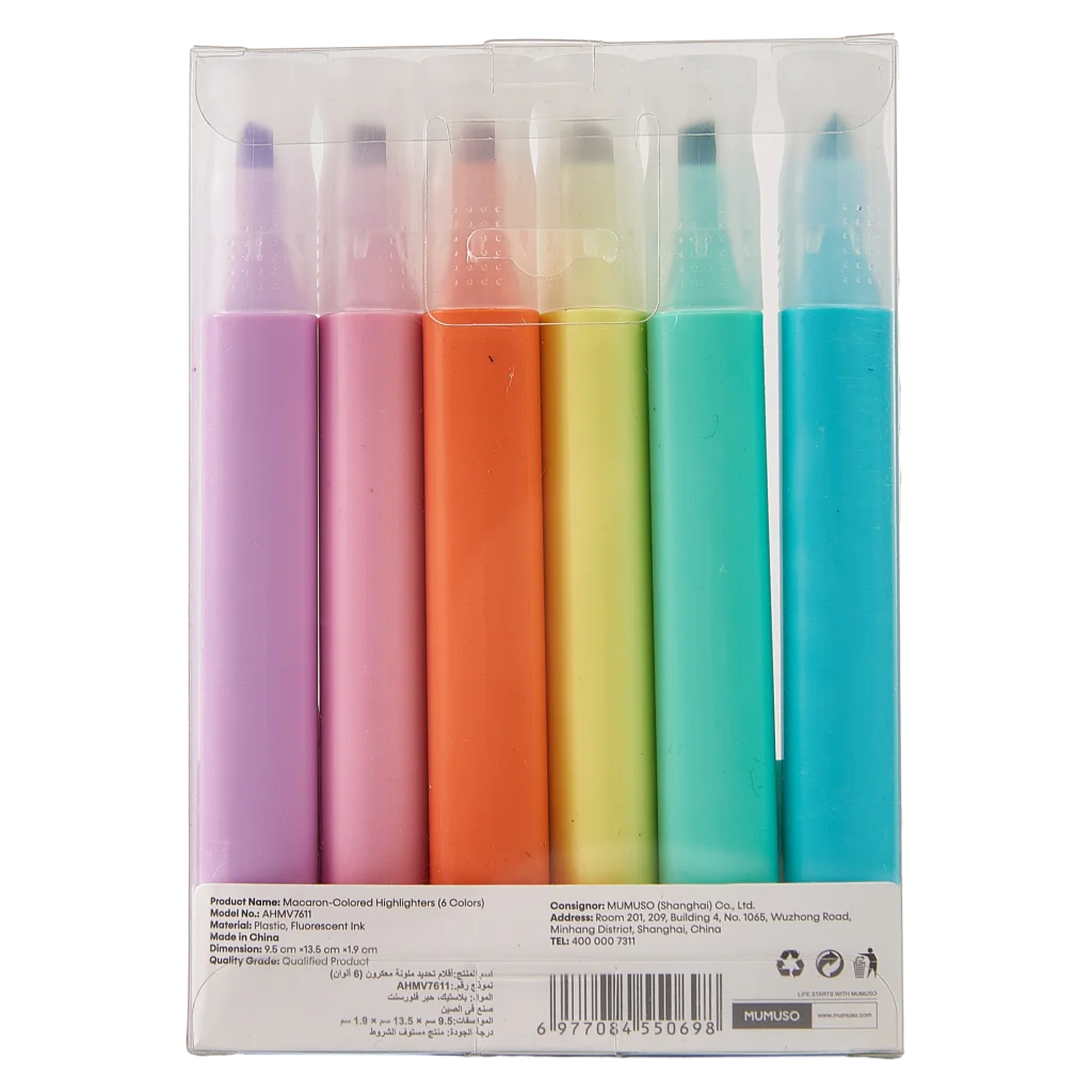mumuso_textmarker_set_6-farben_lila.webp MUMUSO Textmarker Set in Sechs Farben für Schule und Büro – praktisches 6er-Set farbiger Marker für Notizen.