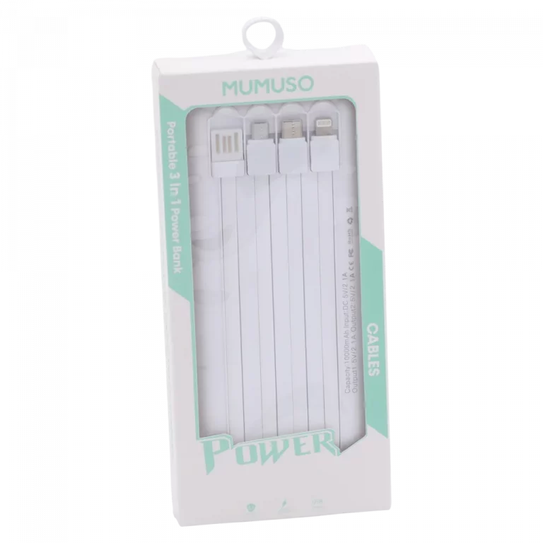 MUMUSO tragbare Powerbank mit 3-in-1 Kabeln, 10000 mAh, weiß – externer Akku für unterwegs aus ABS-Kunststoff.