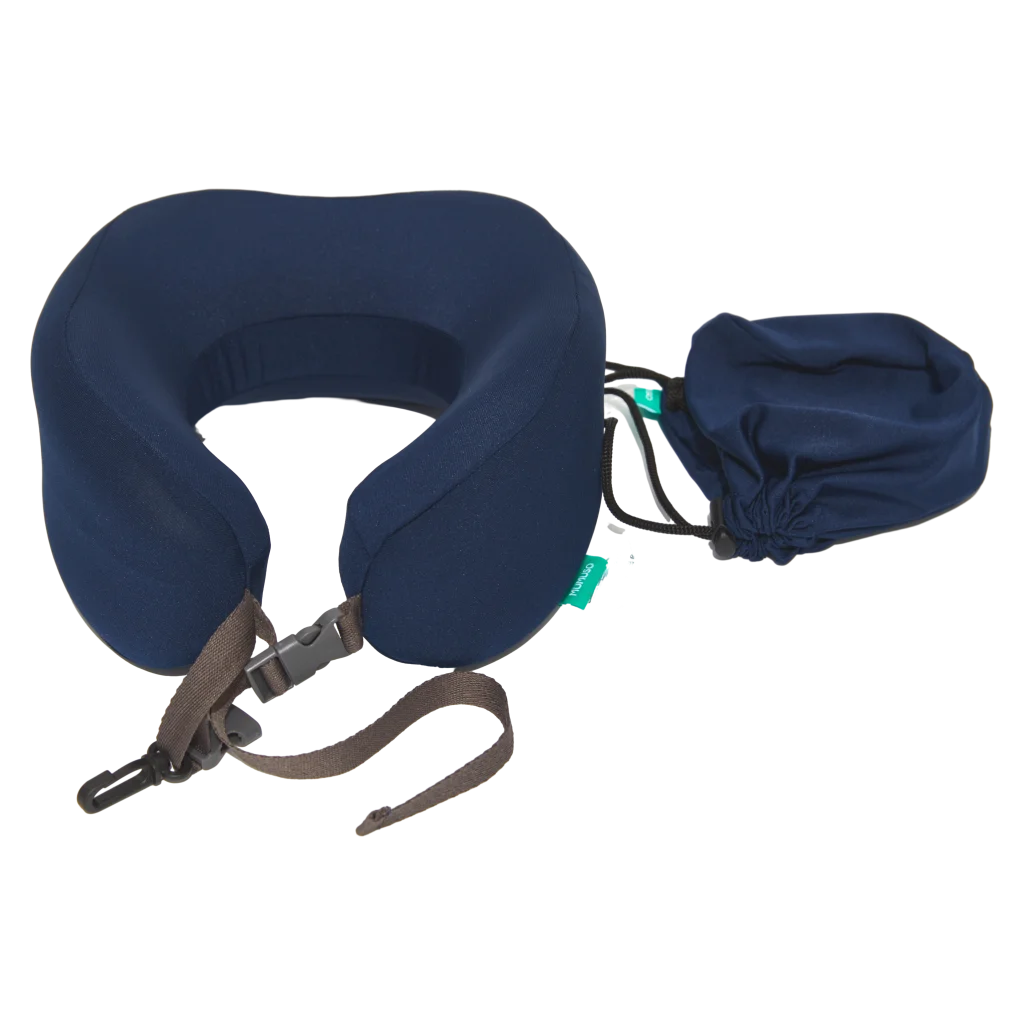 MUMUSO Nackenkissen, U-Form, aus Memory-Schaum (dunkelblau) – ergonomisches Reisekissen mit Transportbeutel.