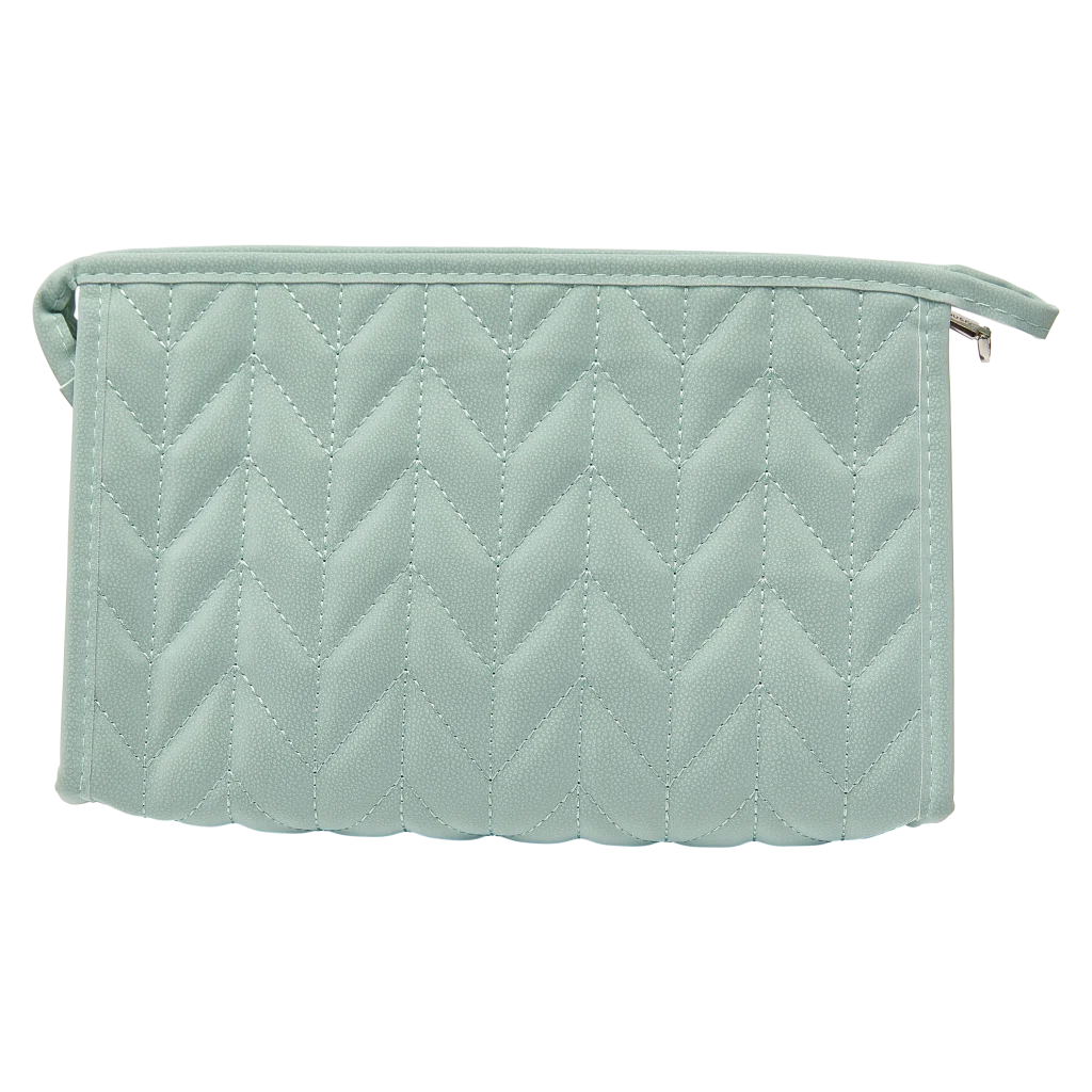 mumuso_trapezfoermige_pvc_kosmetiktasche_herringbone_gruen_3.webp MUMUSO Kosmetiktasche trapezförmig aus PVC mit Herringbone-Muster in Grün – praktische Make-up Tasche für Pflegeprodukte.