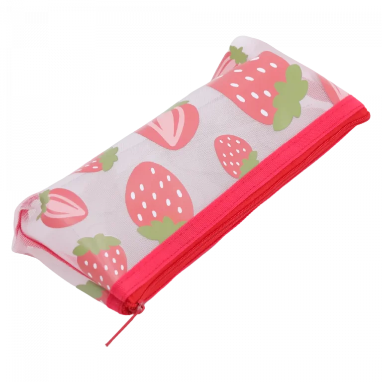 MUMUSO Federmäppchen mit Erdbeeren, transparent und rosa – leichtes, trapezförmiges Stiftemäppchen für die Schule.