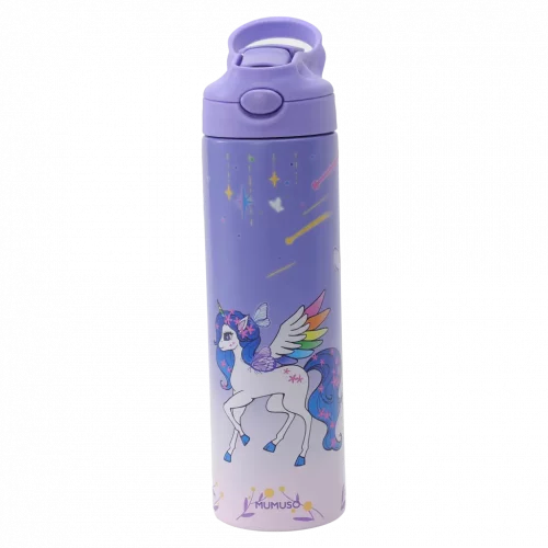 MUMUSO isolierte Edelstahl-Trinkflasche für Kinder, 500 ml (Lila) – praktische Wasserflasche mit Einhorn für Schule.
