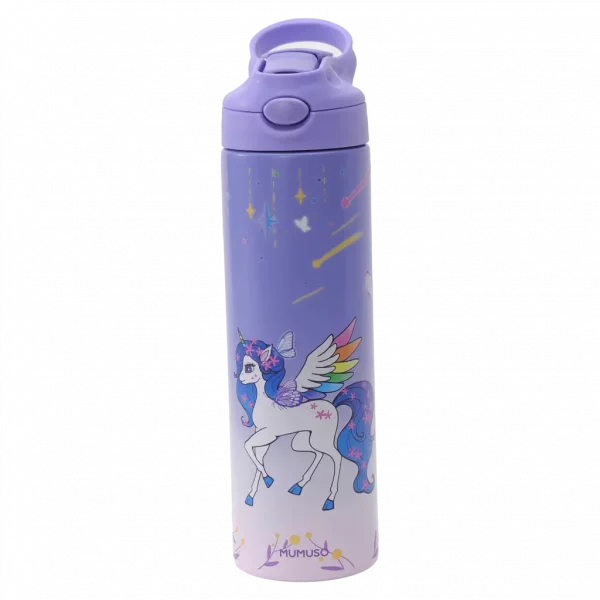 MUMUSO isolierte Edelstahl-Trinkflasche für Kinder, 500 ml (Lila) – praktische Wasserflasche mit Einhorn für Schule.
