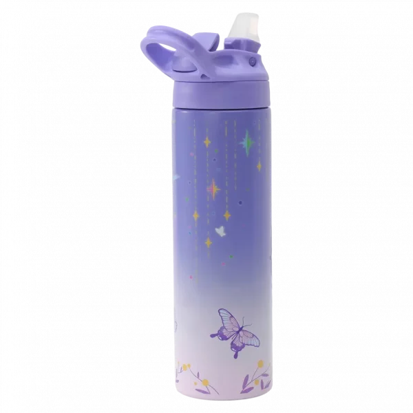 MUMUSO isolierte Edelstahl-Trinkflasche für Kinder, 500 ml (Lila) – praktische Wasserflasche mit Einhorn für Schule.
