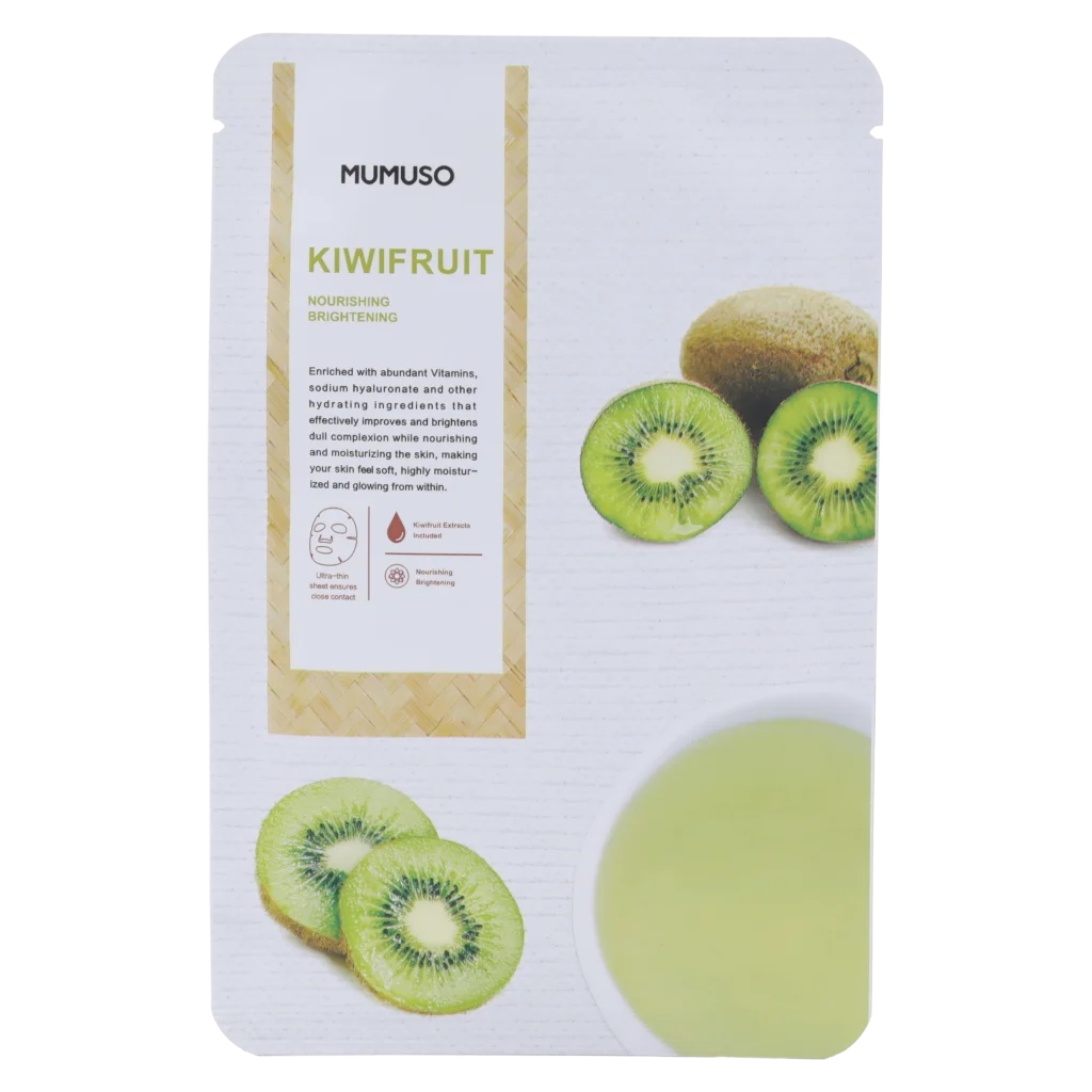 MUMUSO Tuchmaske mit Kiwi-Extrakt, 36,1 g – feuchtigkeitsspendende Gesichtsmaske für strahlende Haut in Weiß/Grün.